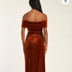 Rust Orange Velvet Lulus dress.